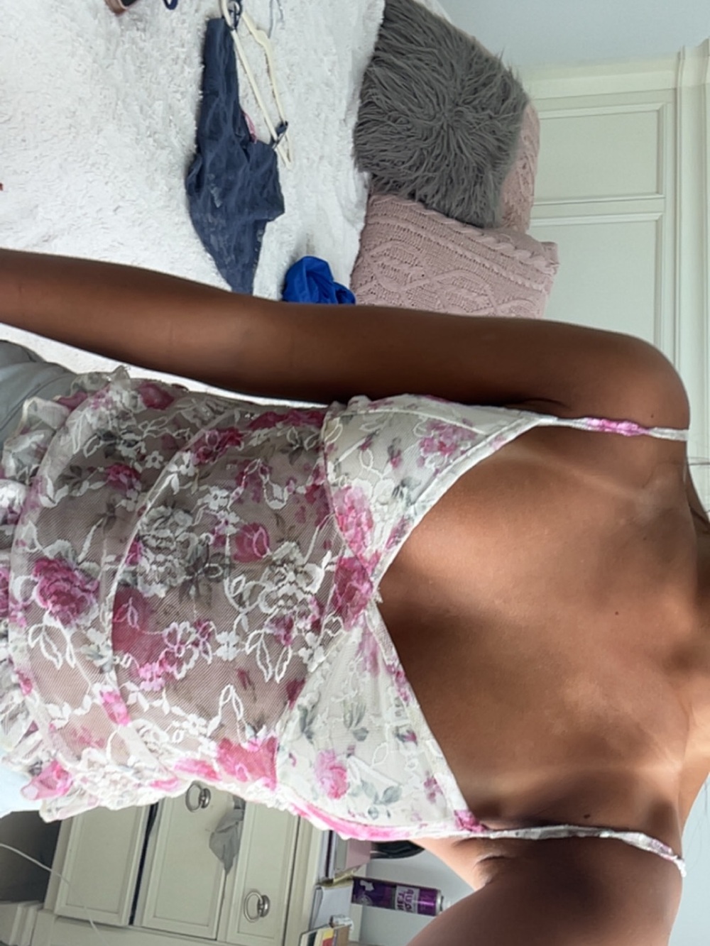 Floral Lace Mesh Crop Top with Pink Rose Print